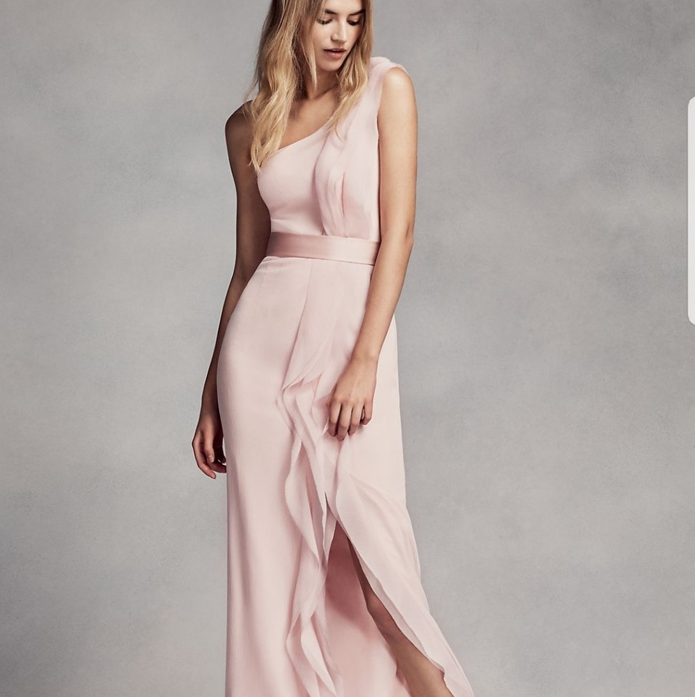 Long one-shoulder bridesmaid dress with ruffles